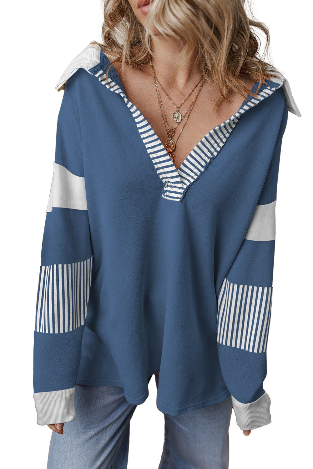 Dark Blue Striped Patchwork Collar Sweatshirt