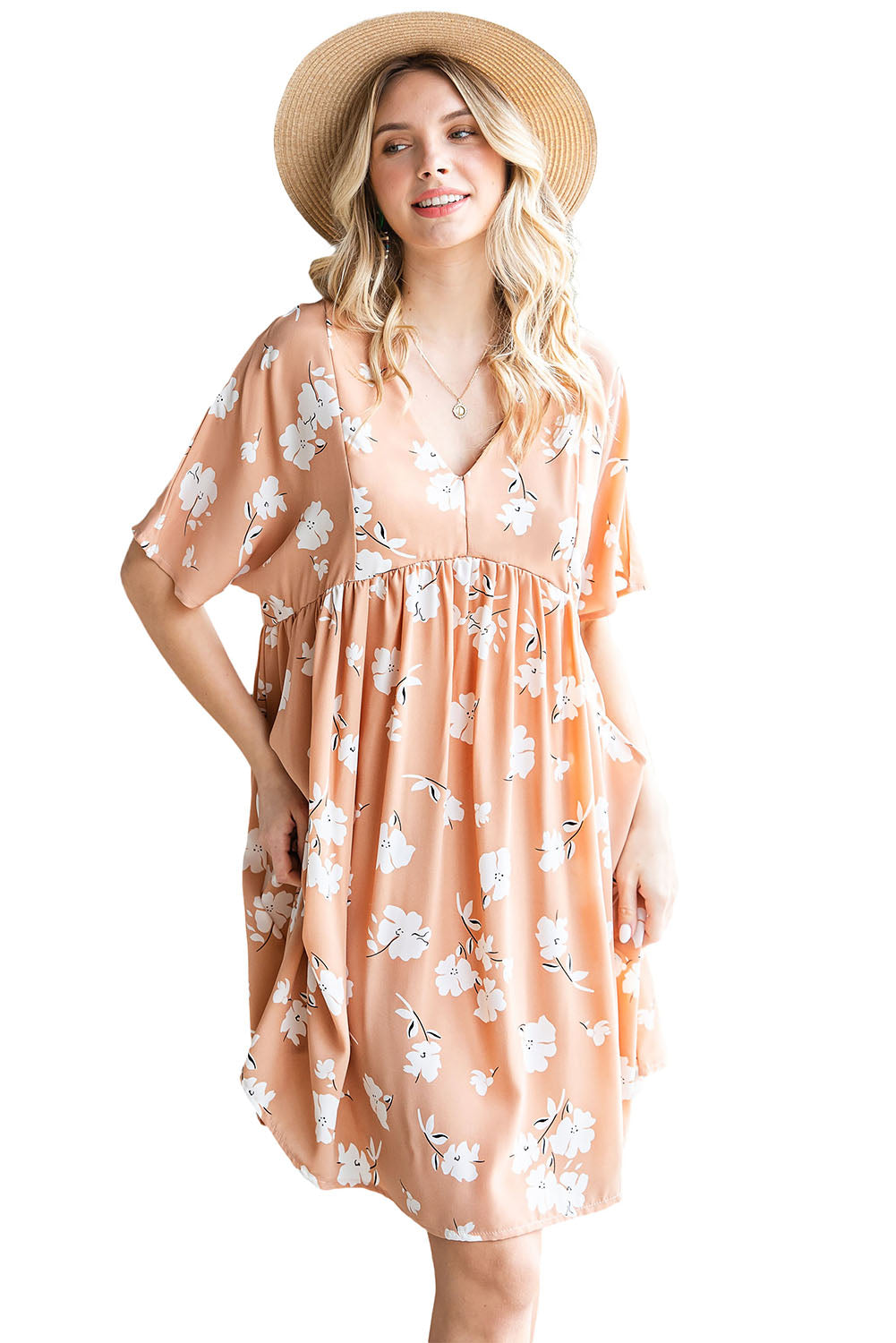 Khaki Floral Print V Neck Empire Waist Dress with Pockets