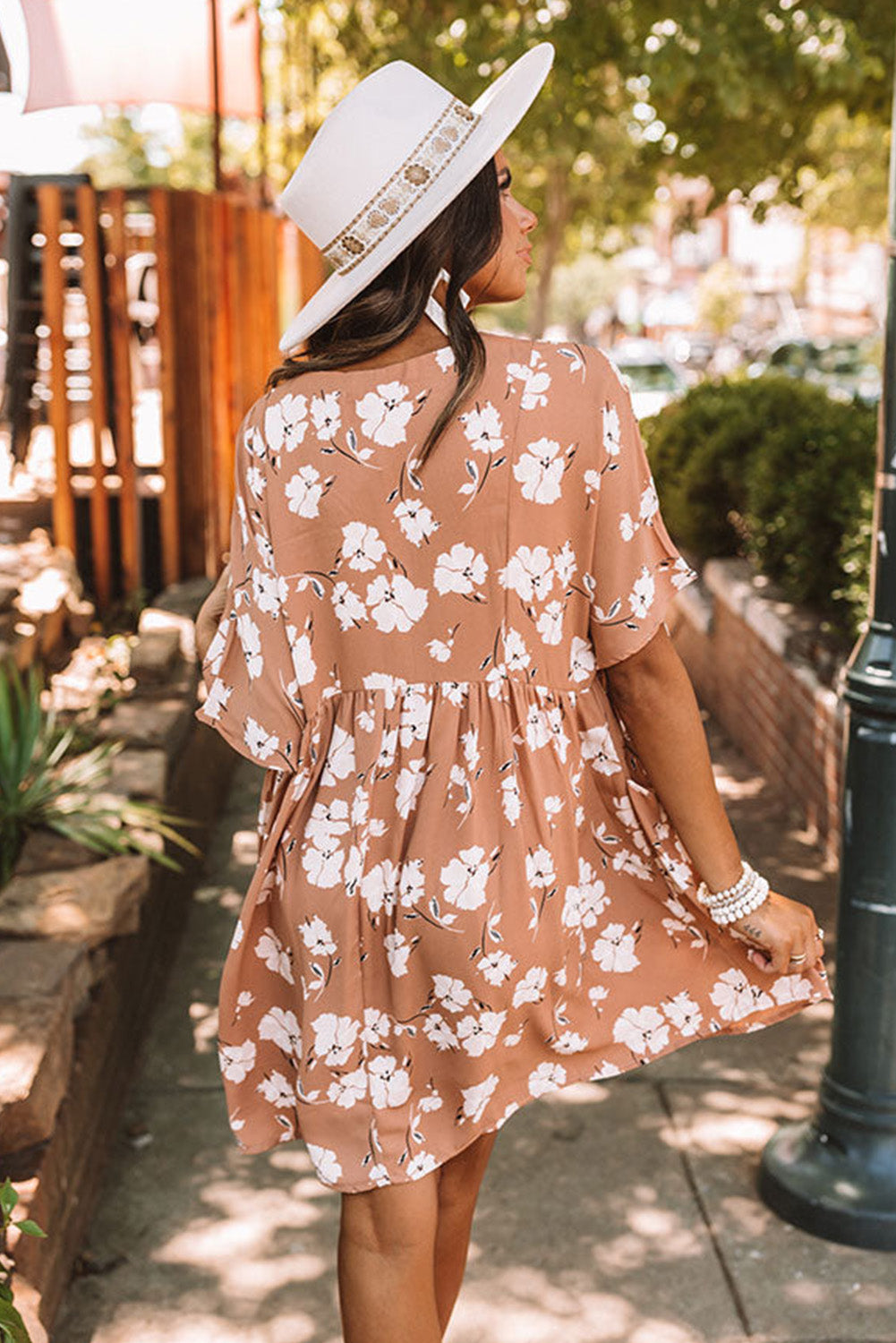 Khaki Floral Print V Neck Empire Waist Dress with Pockets