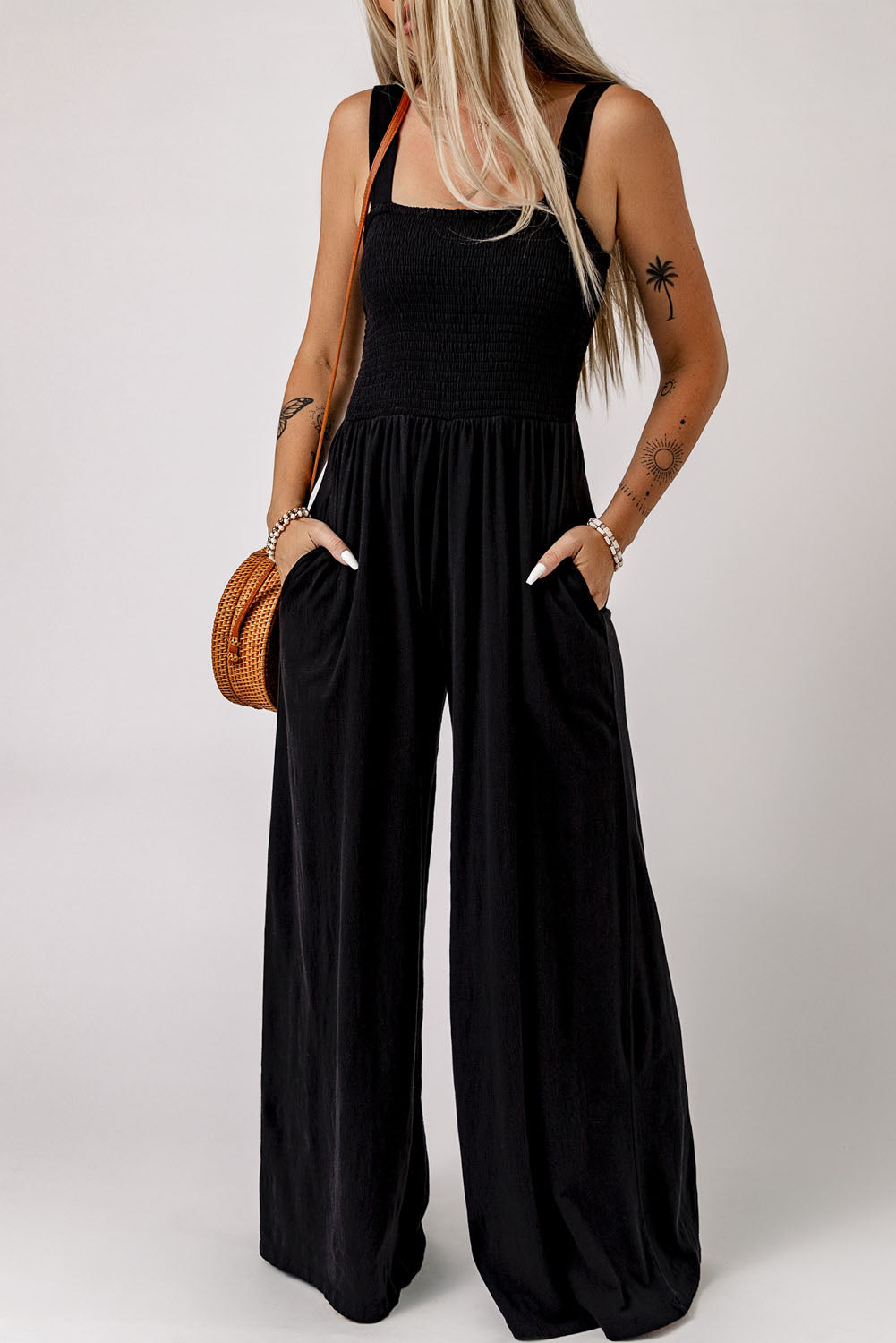 Green Casual Smocked Pocketed Wide Leg Jumpsuit