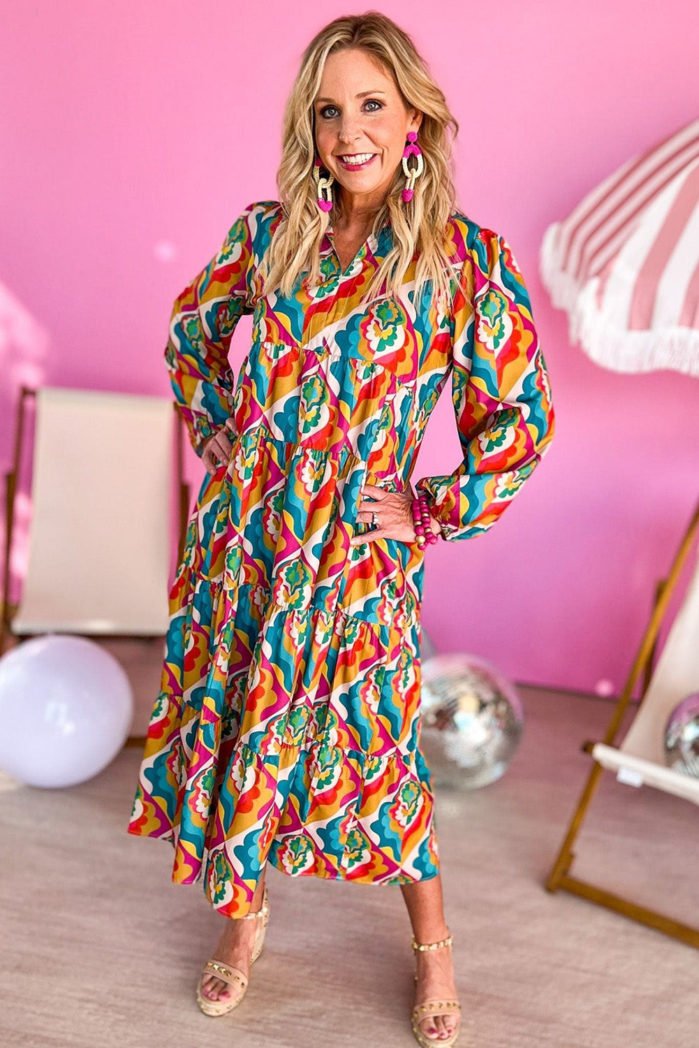 Multicolor Abstract Geometric Print Notch Neck Tiered Boho Dress