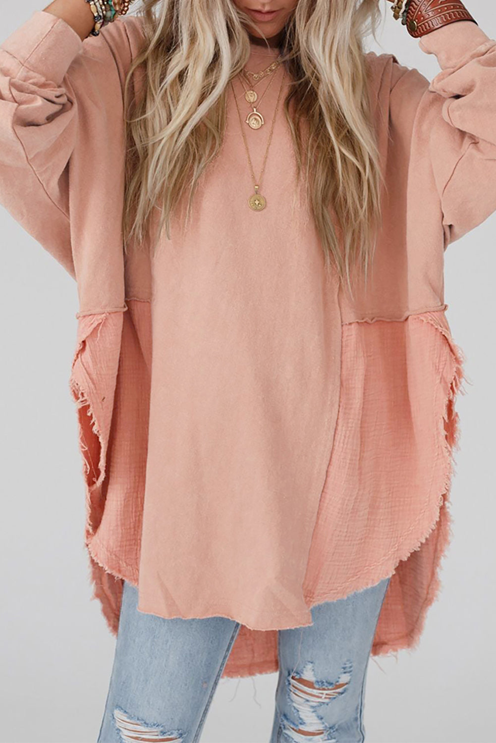 Grey Crinkled Patchwork Raw Hem Oversized Top