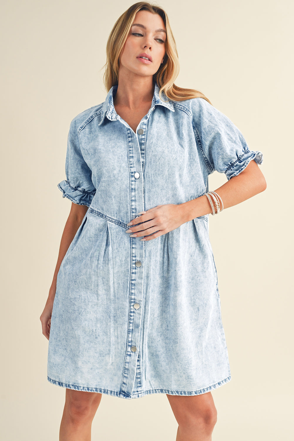 Medium Grey Mineral Washed Ruffled Short Sleeve Pocketed Denim Dress