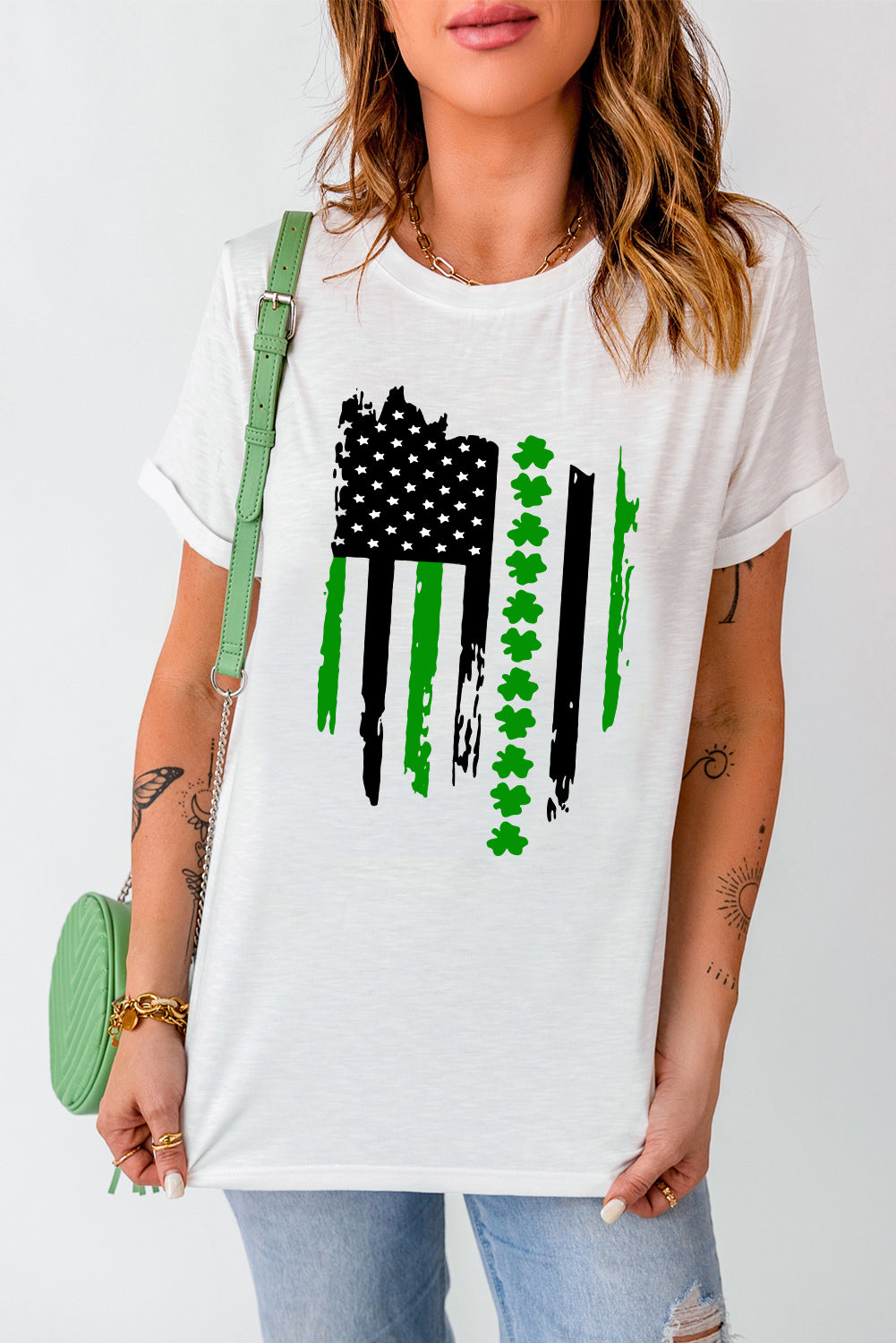 White St. Patricks Clover American Flag Graphic Crewneck Tee