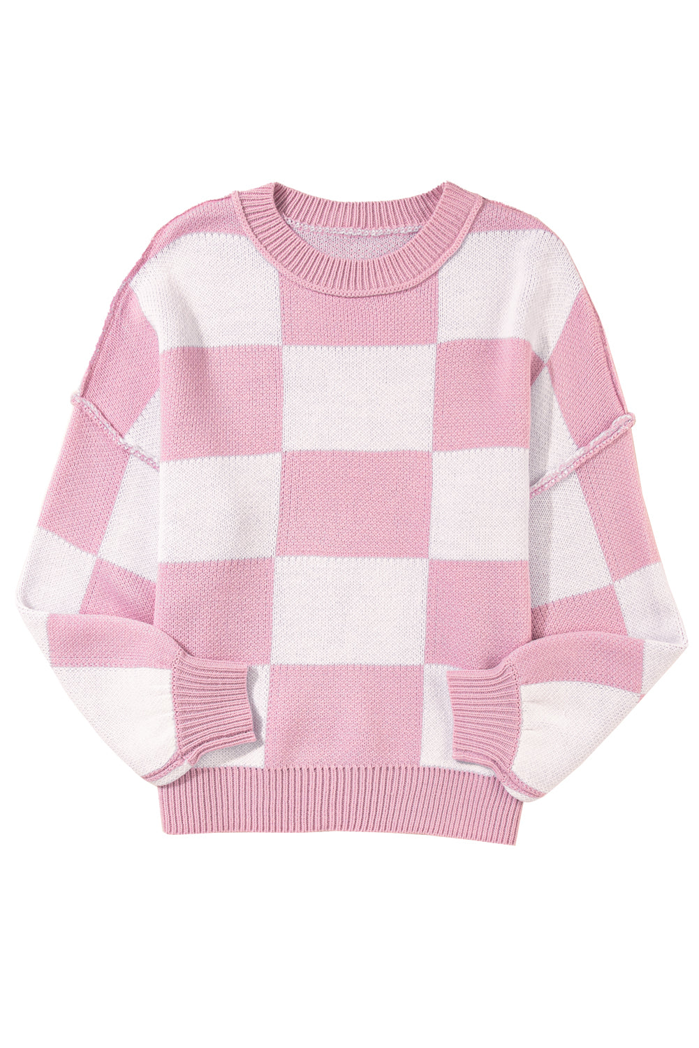 Gray Checkered Bishop Sleeve Pullover Sweater