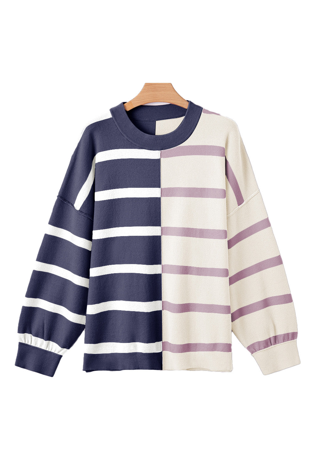 Light Beige Striped Colorblock Drop Shoulder Sweater