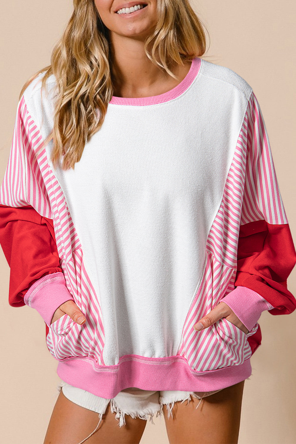 Rose Red Striped Patchwork Side Pocket Loose Sweatshirt