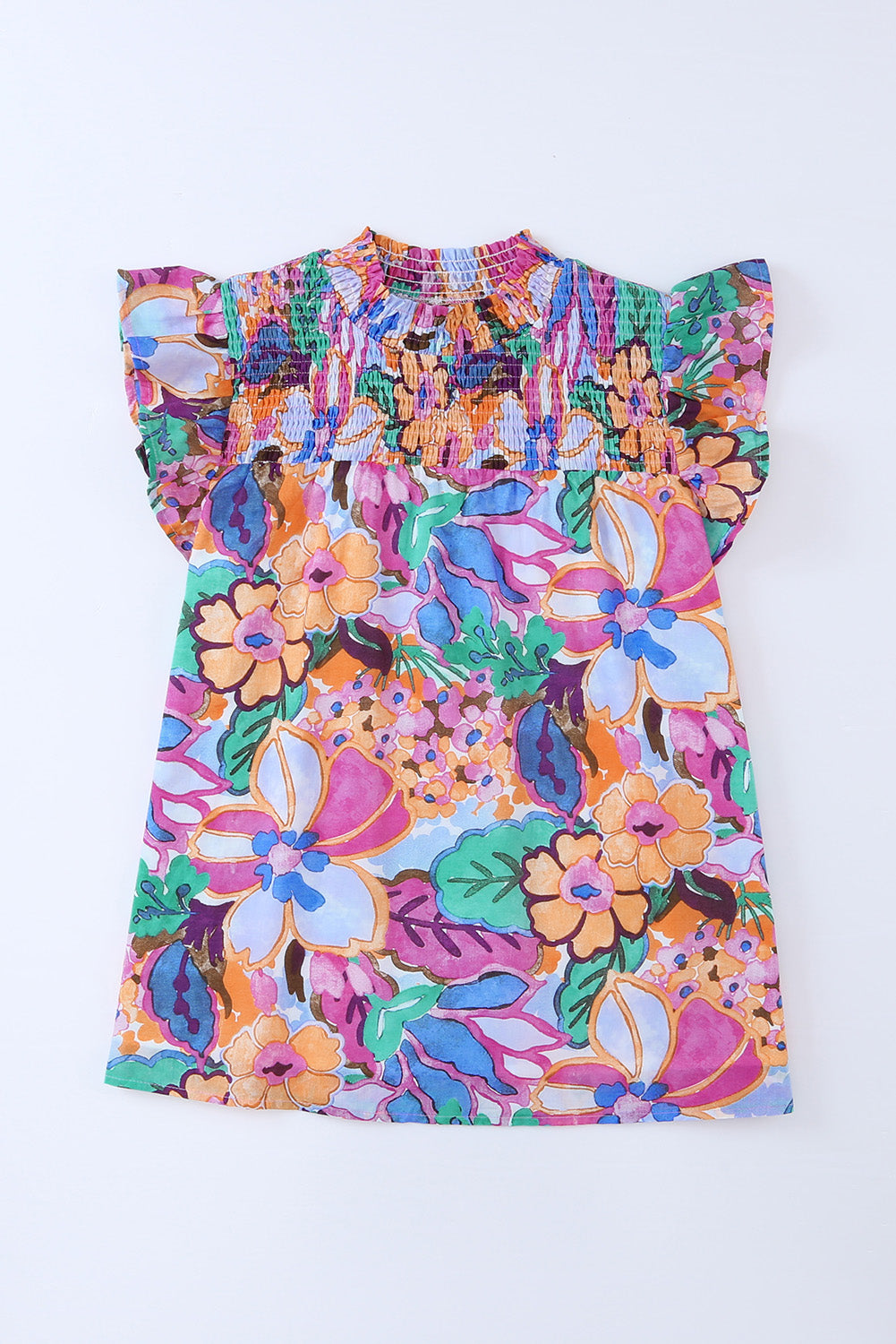 Multicolor Floral Print Ruffle Sleeveless Smocked Blouse