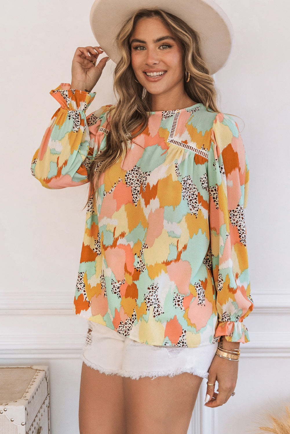 Multicolor Abstract Bohemian Puff Sleeve Blouse