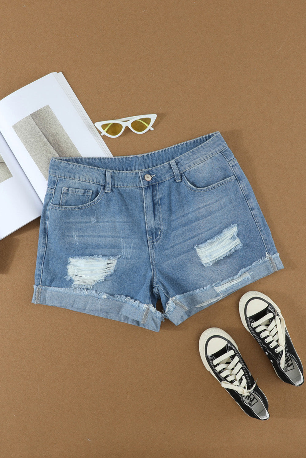 Light Blue Casual Ripped Rolled Hem Denim Shorts