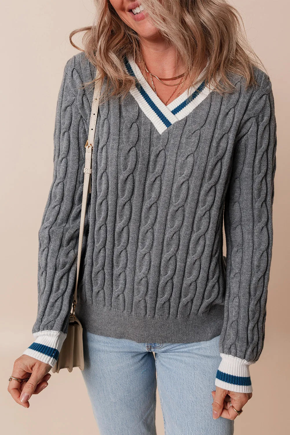 Cable-Knit V-Neck Long Sleeve Sweater