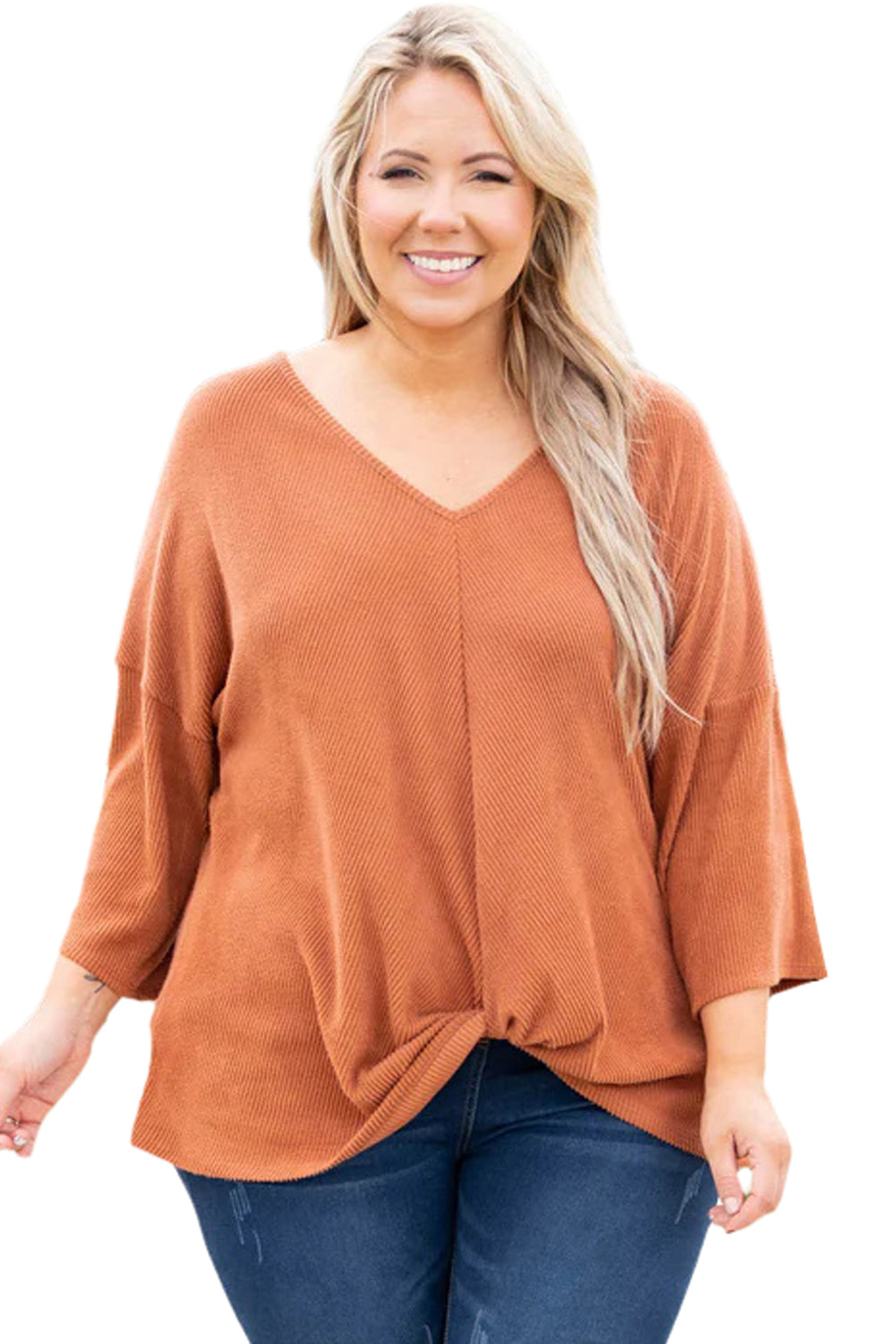 Gold Flame Plus Size Twist Hem Bracelet Sleeve Ribbed Top