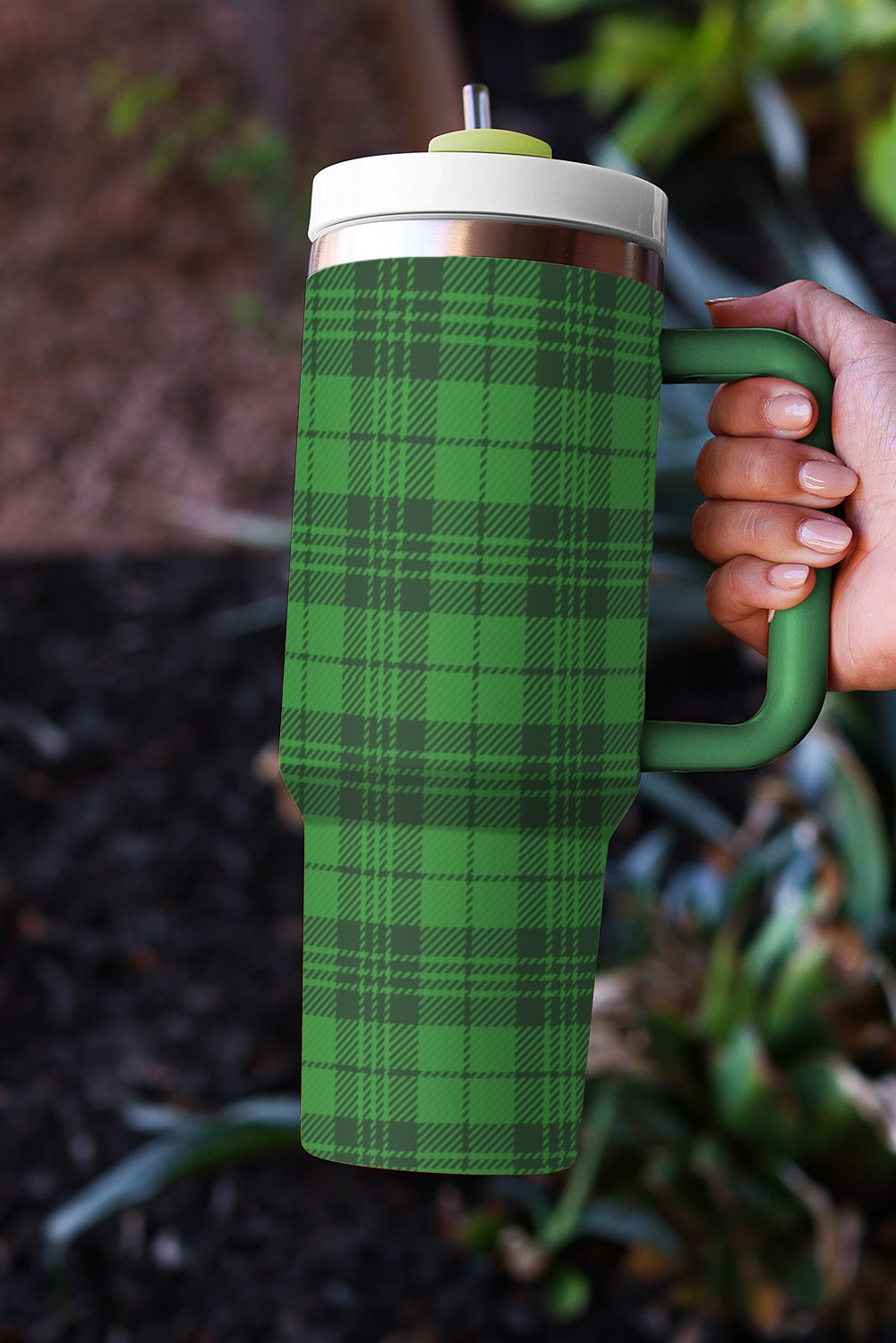 Dark Green Plaid Print Stainless Tumbler with Lid