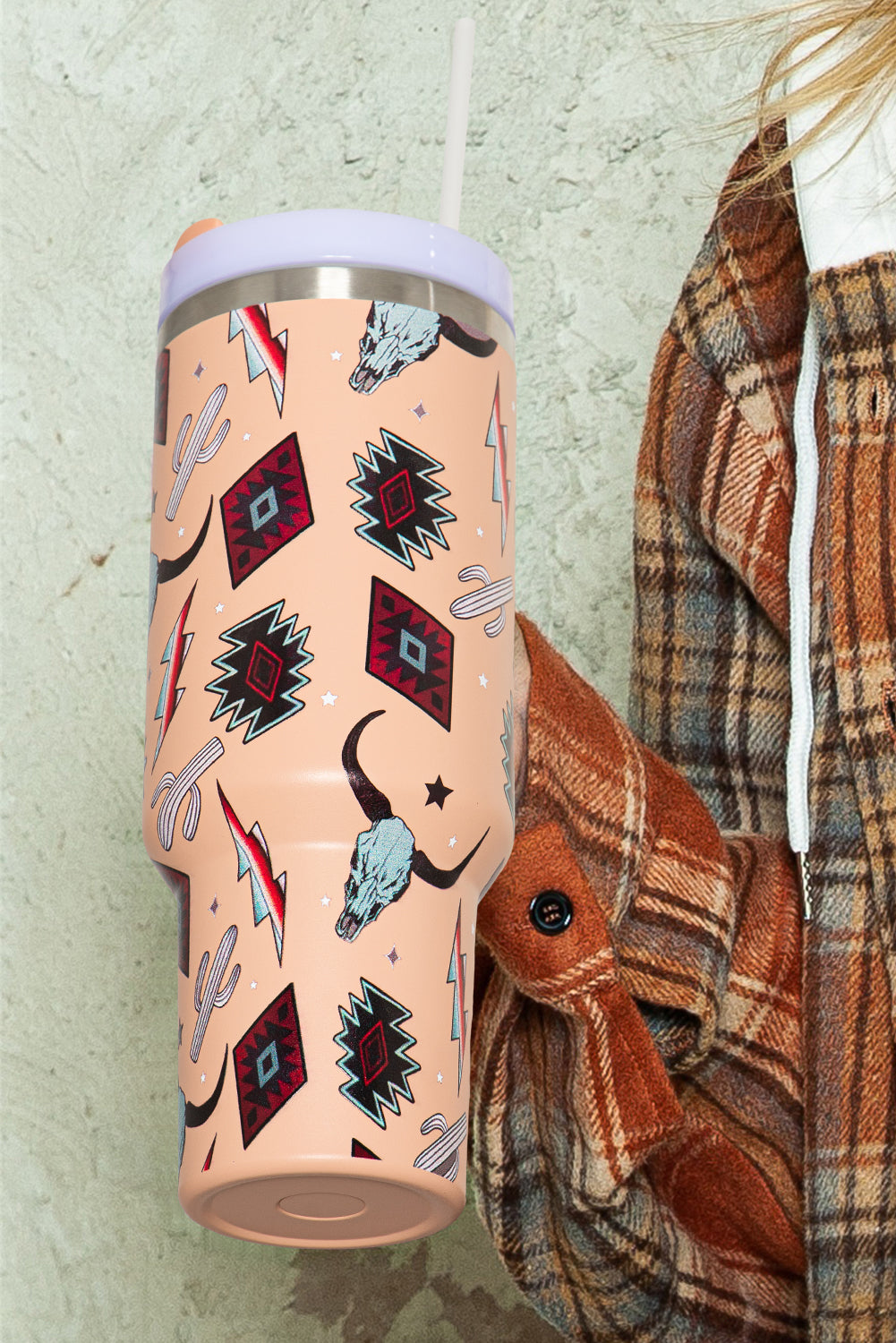 Apricot Pink Mixed Print Steer Head Stainless Tumbler