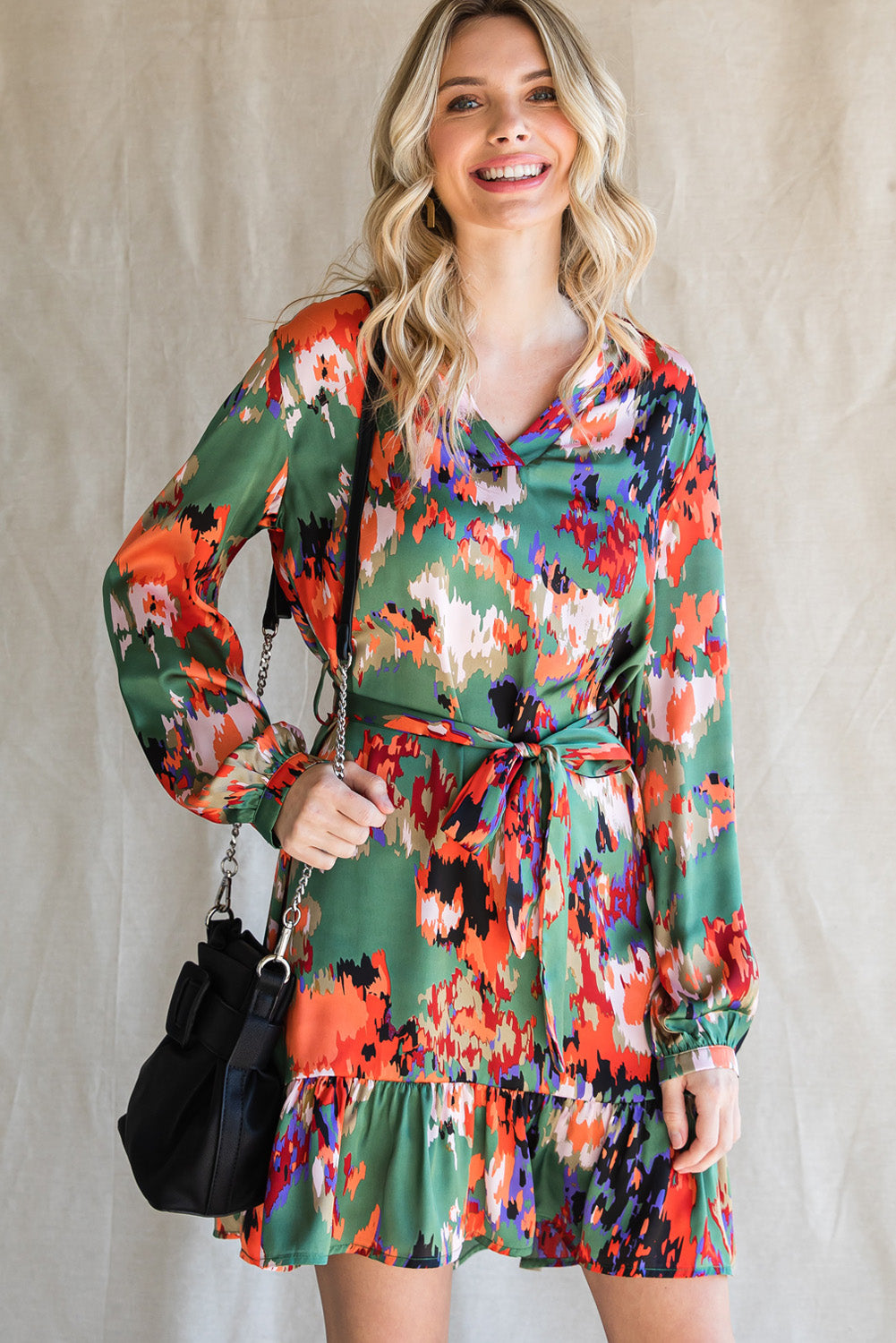 Abstract Print Waist Belted Flounce Hem Split V Neck Long Sleeve Dress