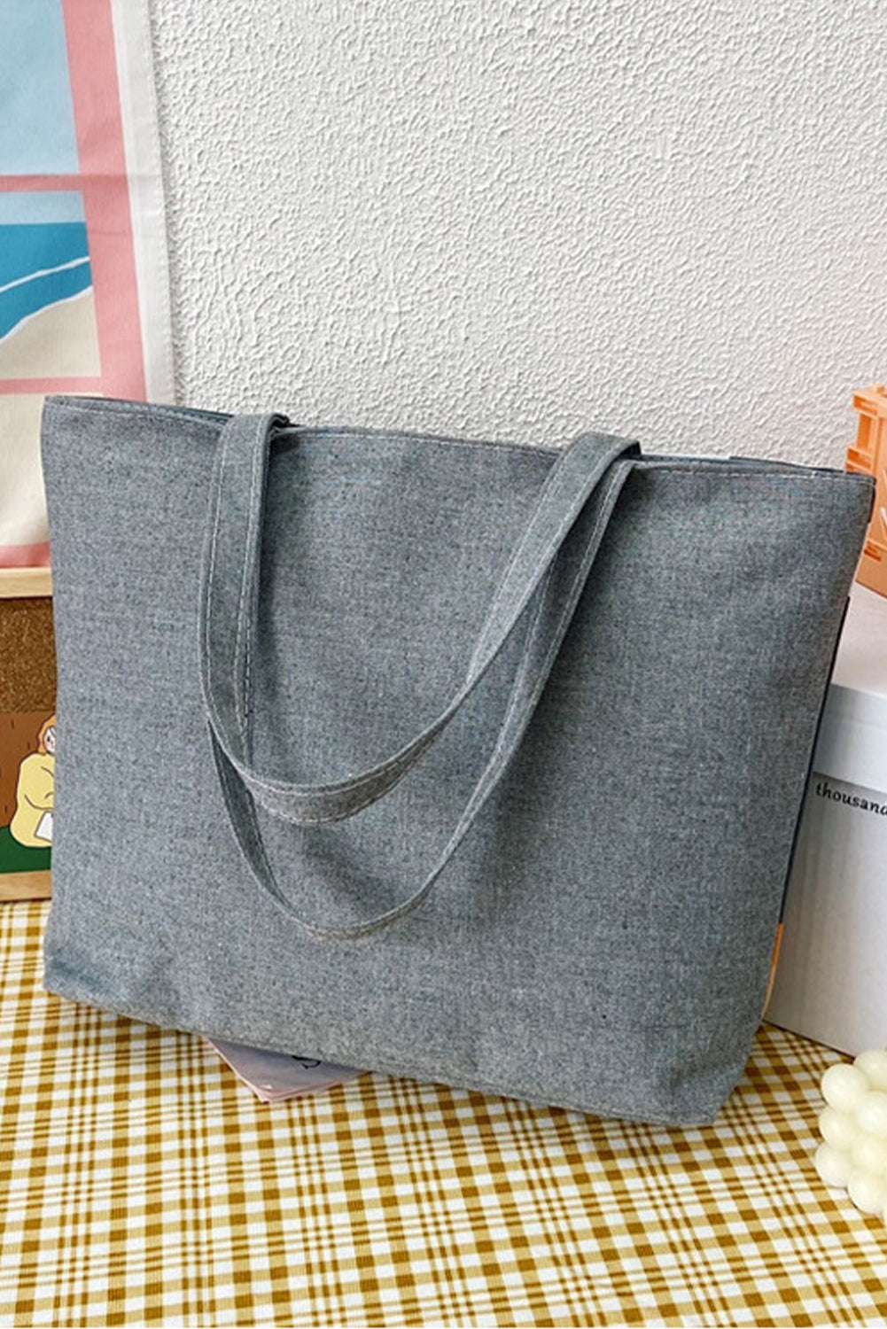 Dark Grey Flower Canvas Tote Bag