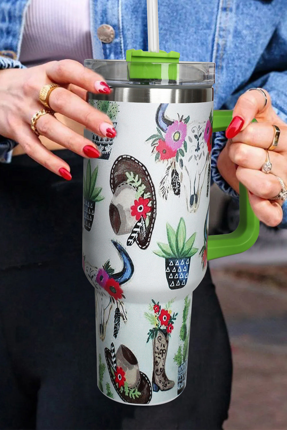 Mint Green Plants Printed Stainless Tumbler with Lid and Straw