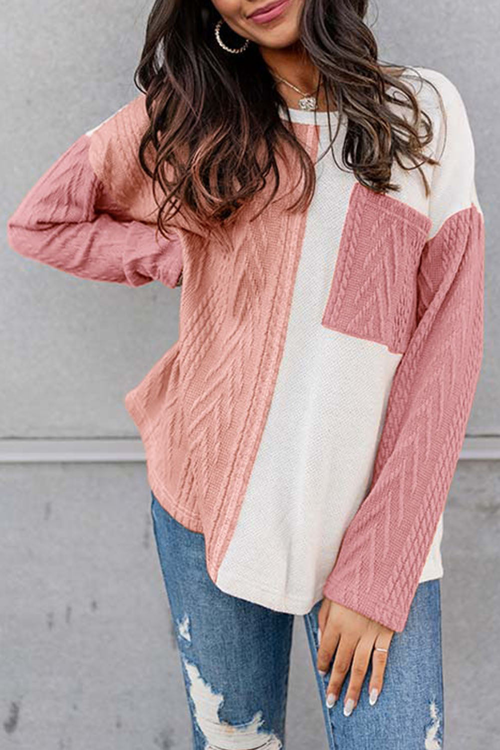 Black Long Sleeve Colorblock Chest Pocket Textured Knit Top