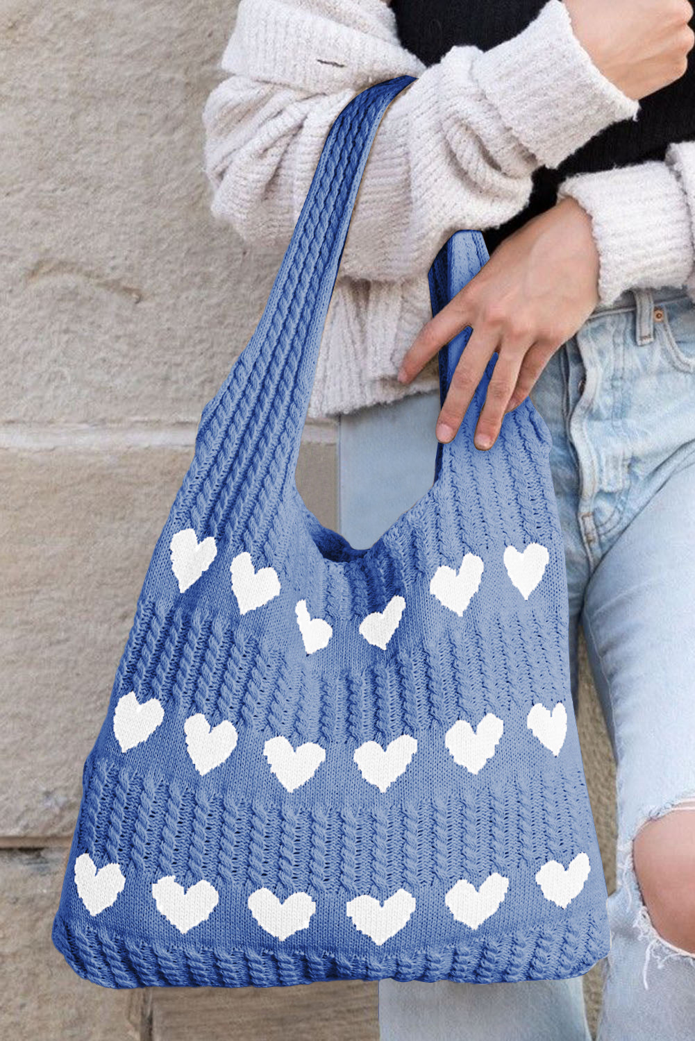 Blue Colorblock Heart Pattern Knit Shoulder Bag