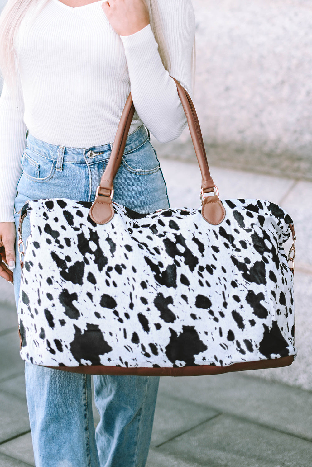 White Animal Spots Printed Leather Tote Bag