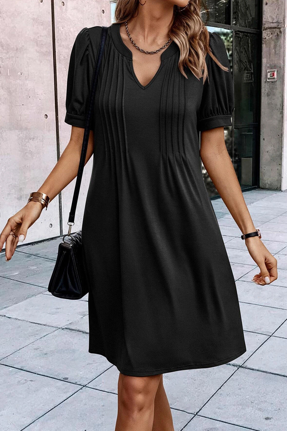 Desert Palm Notched Neck Pleated Puff Sleeve T Shirt Dress