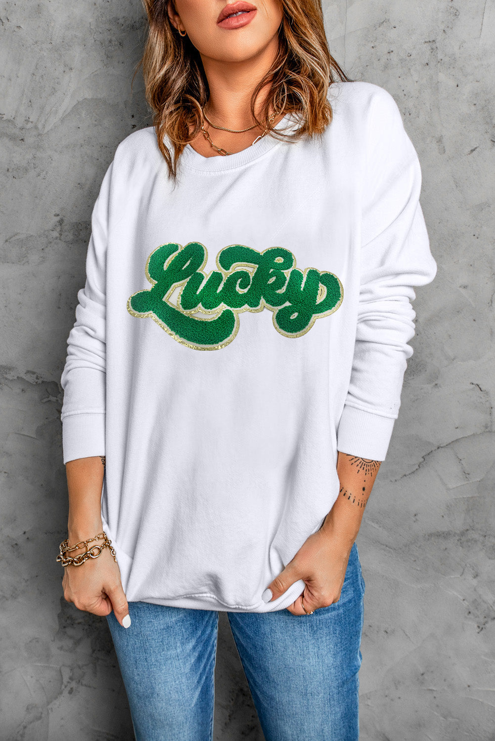 White Shiny Trim Chenille Lucky Letter Graphic Sweatshirt