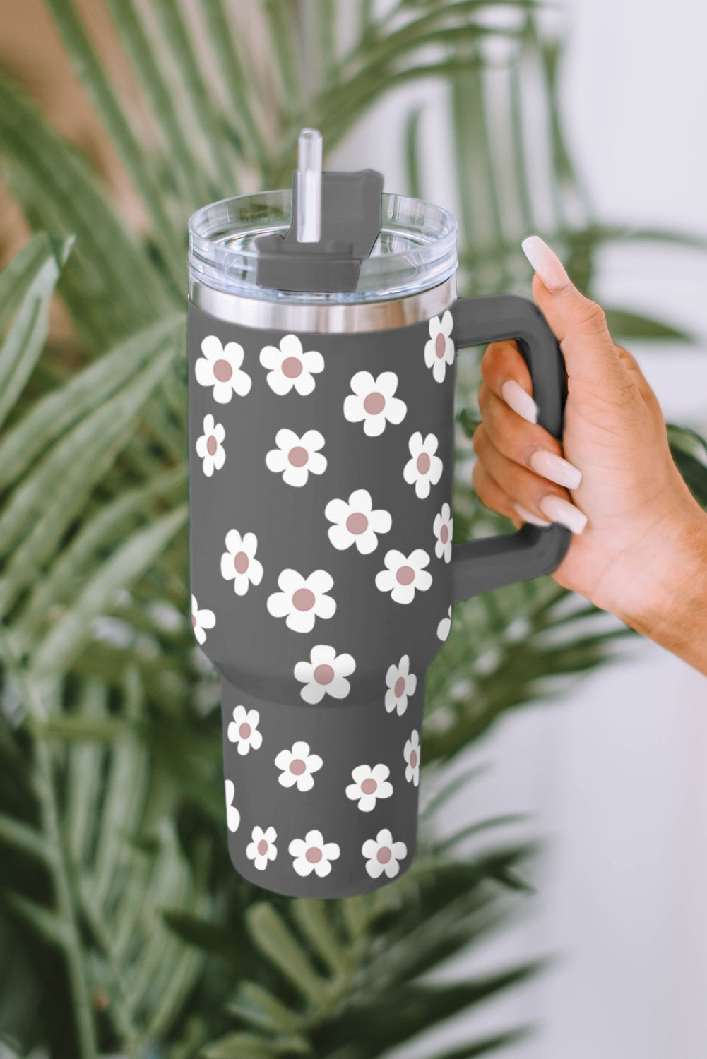 Black Floret Print Stainless Tumbler With Lid And Straw