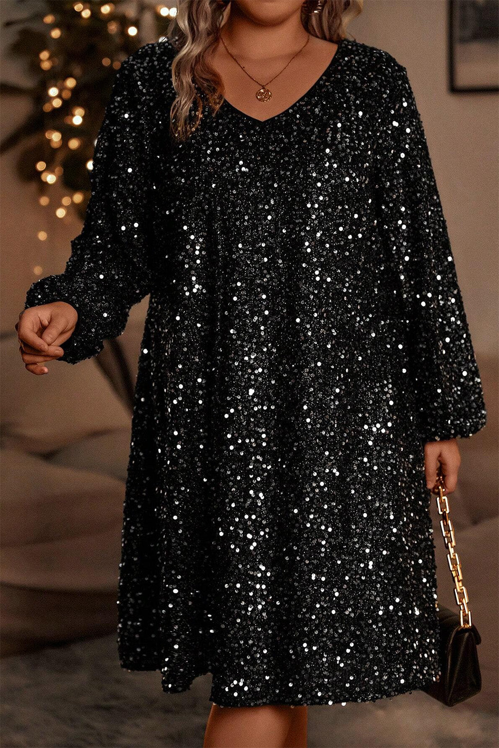 Black Plus Size Bubble Sleeve V Neck Sequin Dress