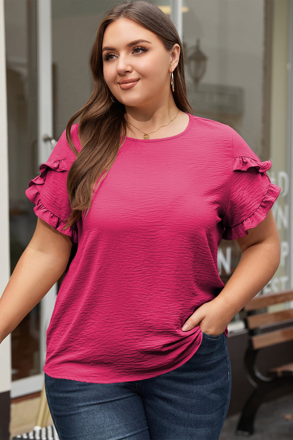 Light French Beige Ruffled Short Sleeve Plus Size Top