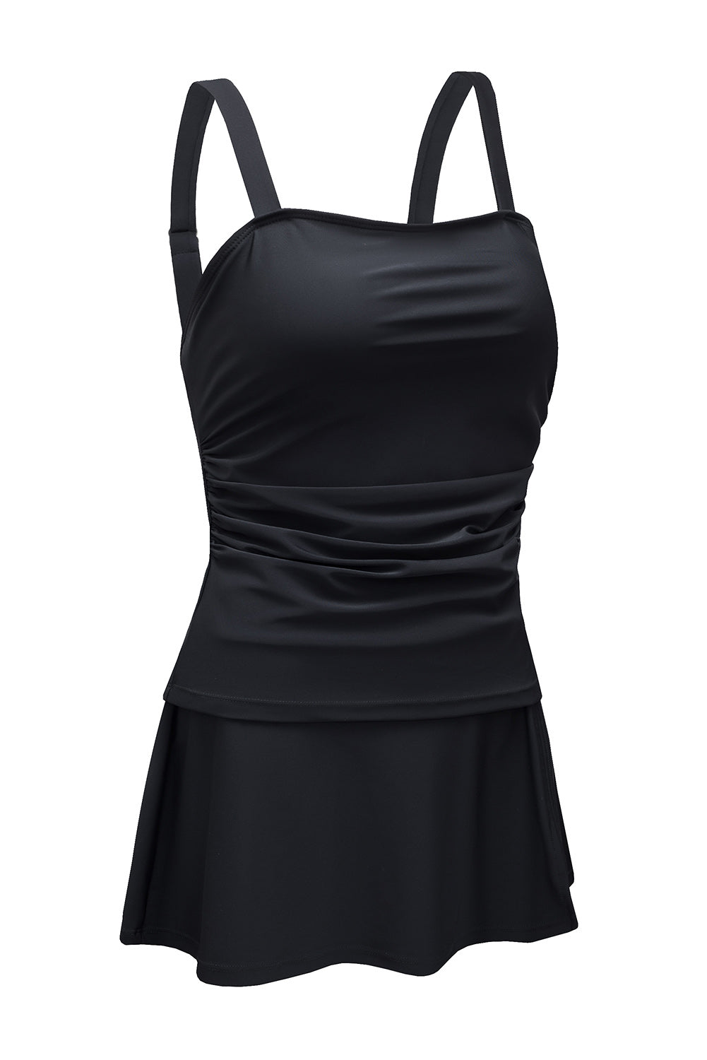 Black Ruched Square Neck Adjustable Strap Tankini Swimsuit