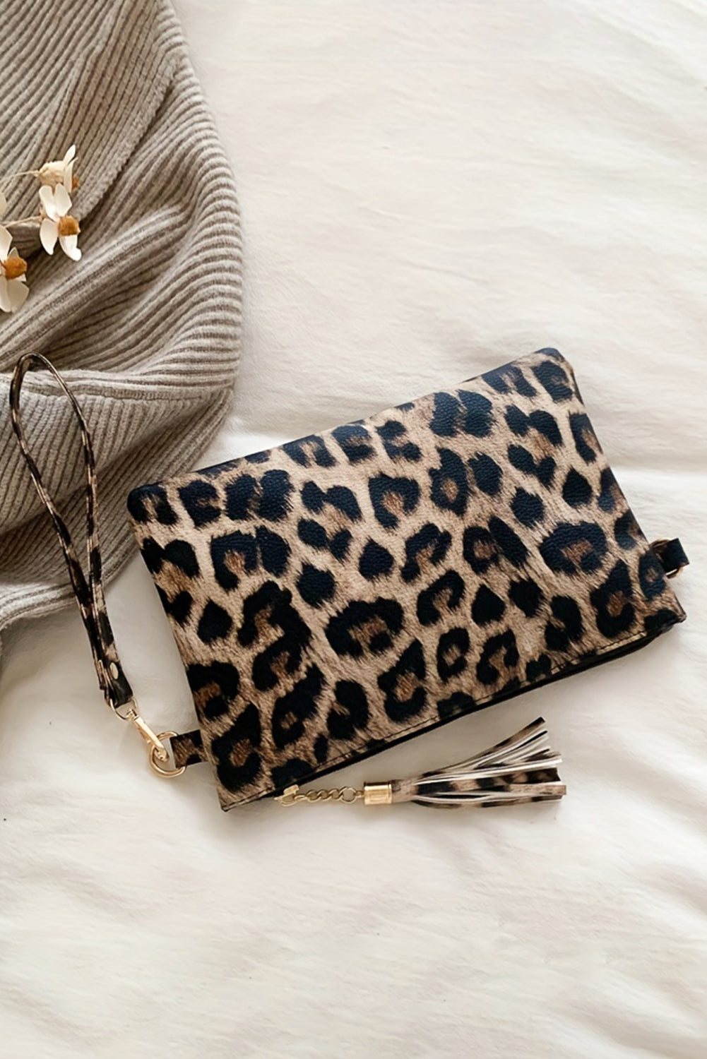 White Leopard Print Wrist Strap Zipped Wallet