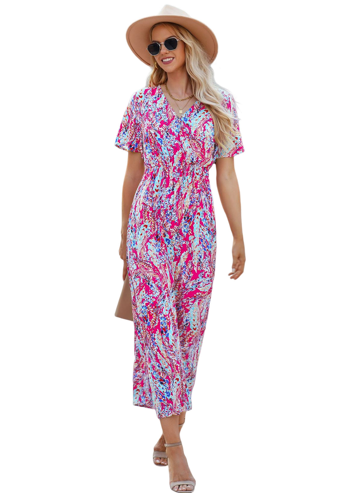 Abstract Botanic Print Wrap V Neck Short Sleeve Maxi Dress