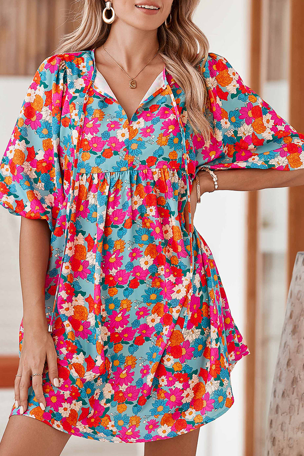 Sky Blue Boho Floral Print V Neck Lantern Sleeve Babydoll Dress