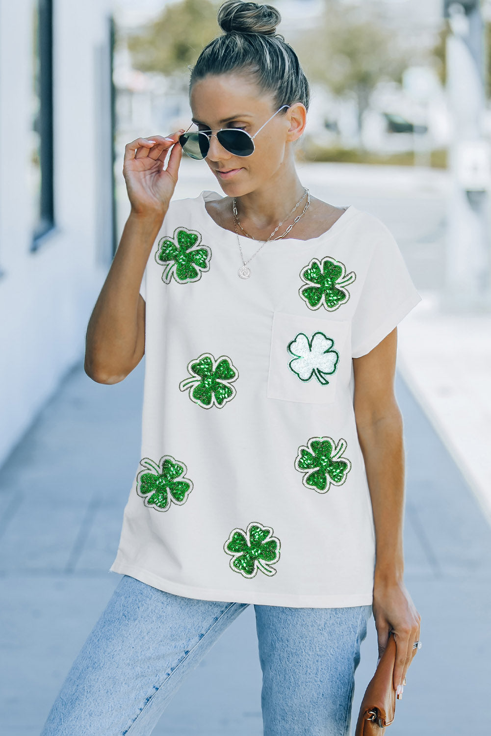 White Sequin St Patrick Clover Patch Pocket Loose Graphic Tee