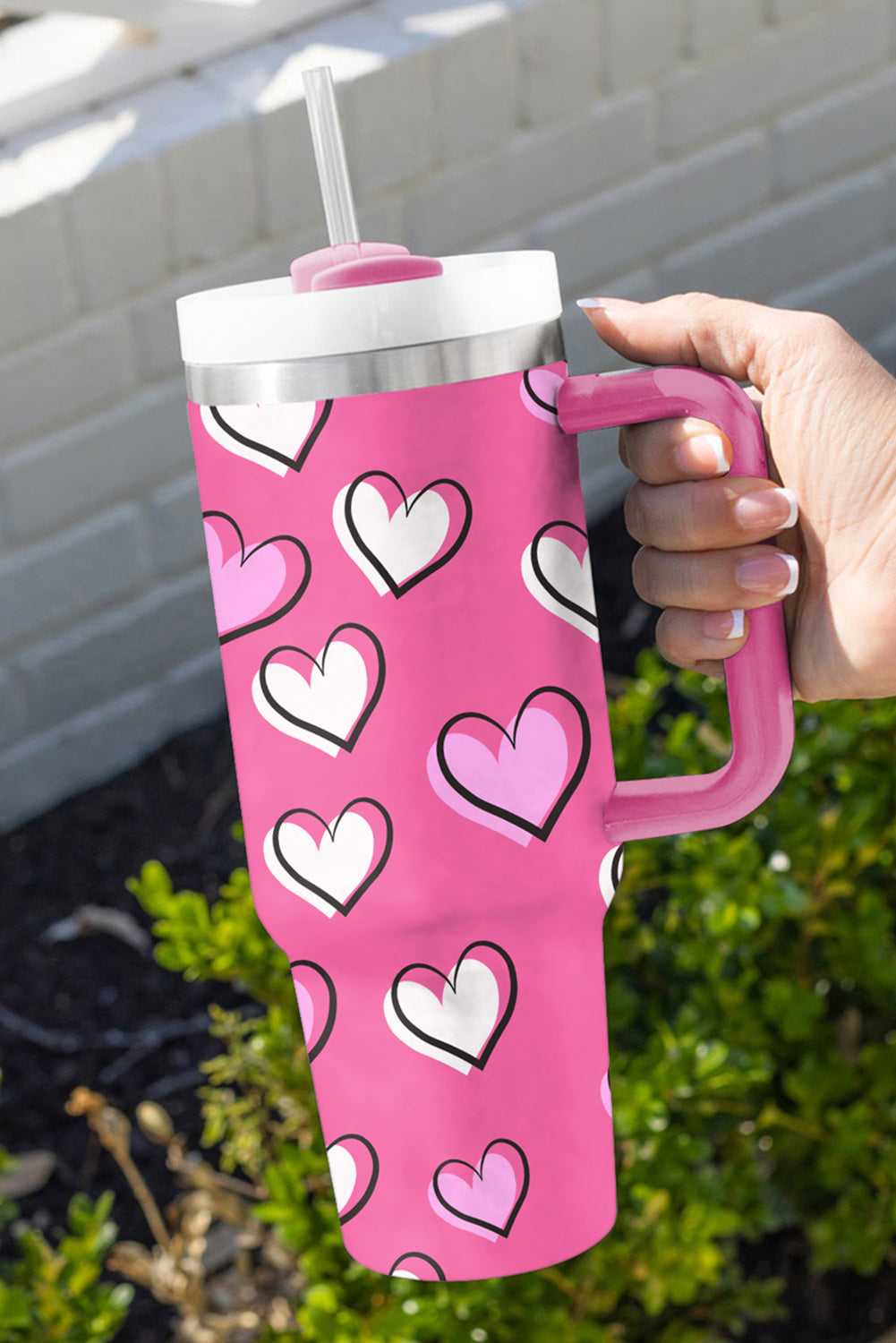 Black Valentines Heart Printed Thermos Cup with Handle