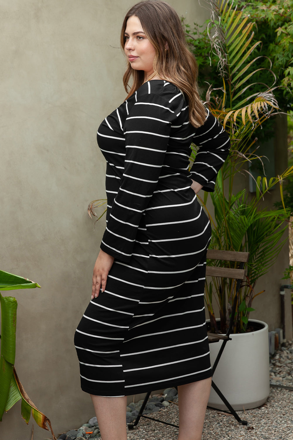 Black Plus Size Striped Loose Shift Maxi Dress