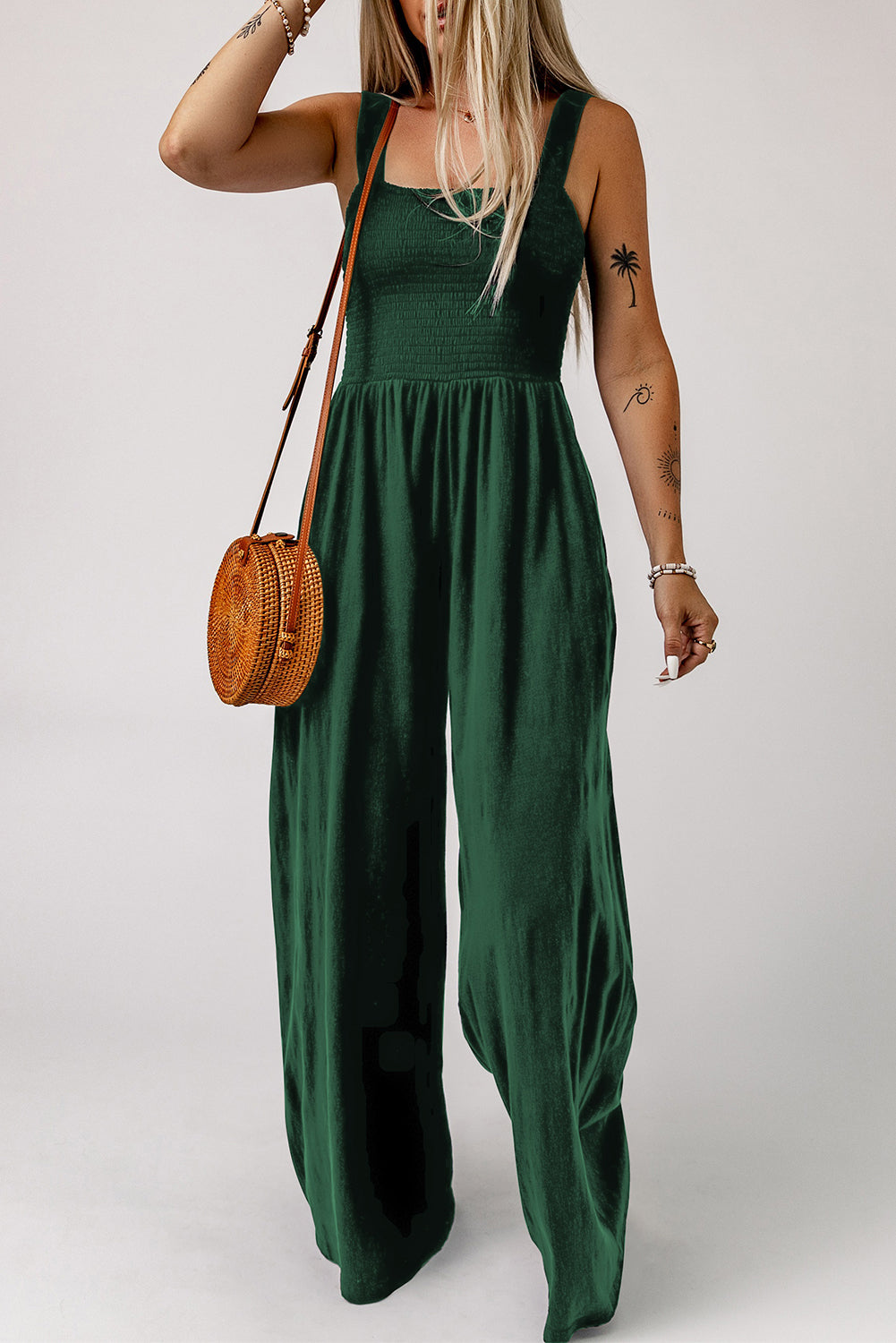 Green Casual Smocked Pocketed Wide Leg Jumpsuit