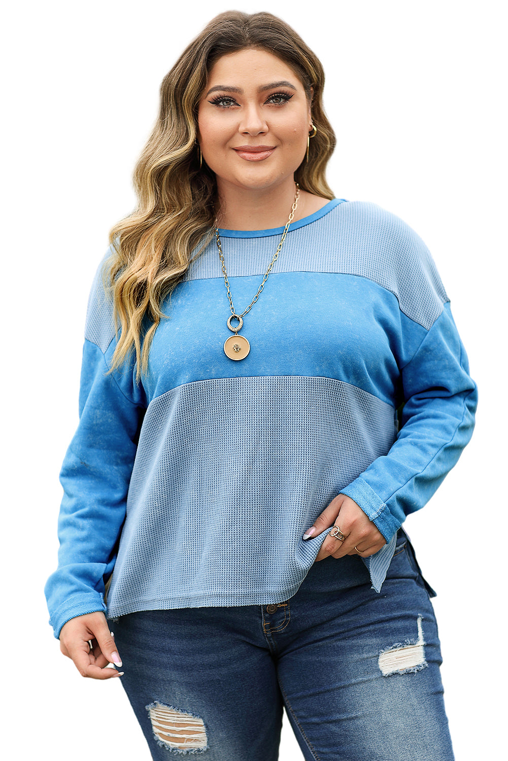 Sky Blue Plus Size Waffle Knit and Washed Patchwork Drop Shoulder Top