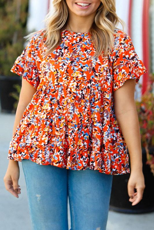 Orange Floral Printed Ruffle Sleeve Plus Size Babydoll Blouse