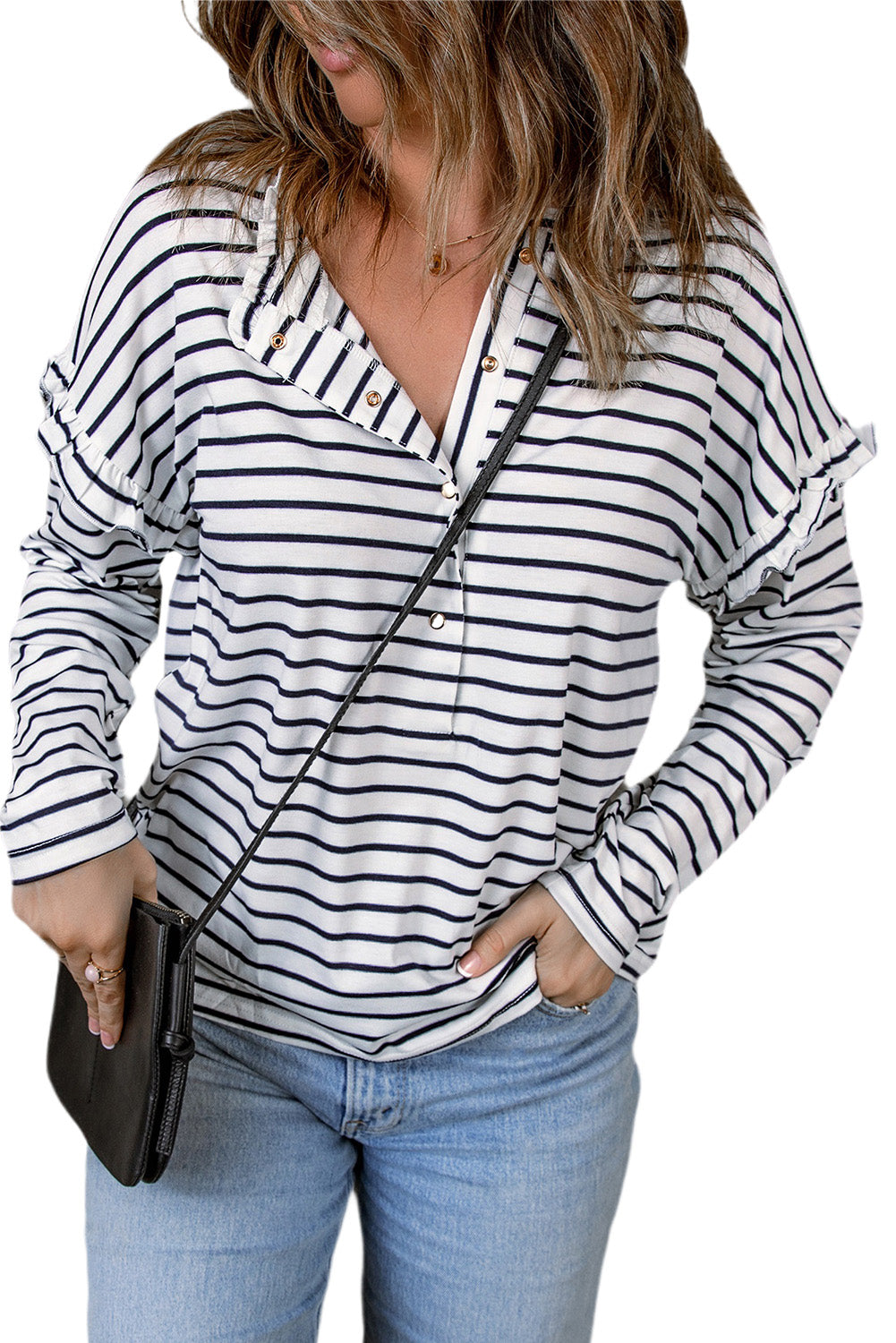 Black Striped Snap Button Casual Long Sleeve Henley Shirt