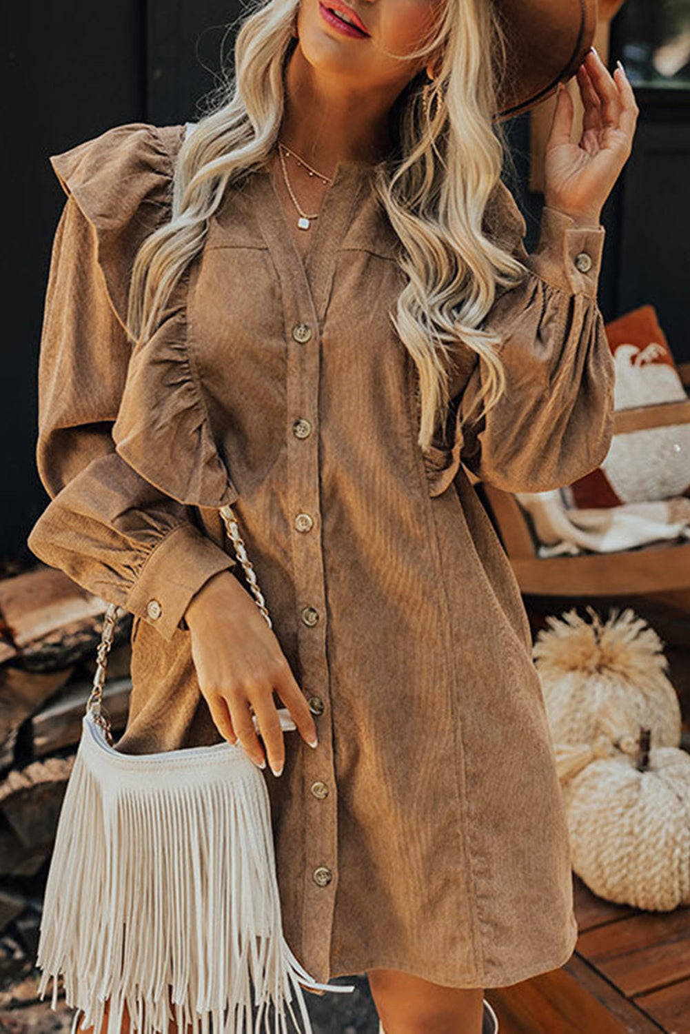 Camel Ruffle Trim Puff Sleeve Ribbed Shirt Dress