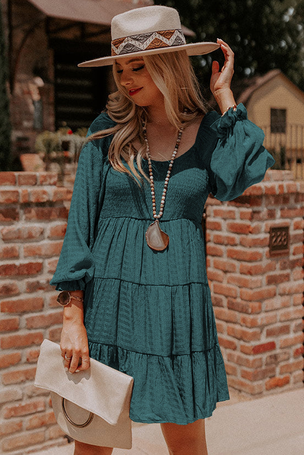 Mist Green Long Sleeve Smocked Tiered Boho Dress