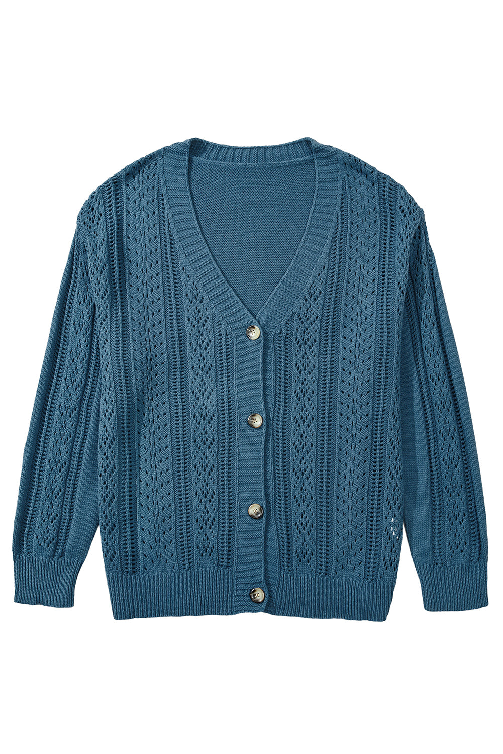 Real Teal Hollow Knit V Neck Button Front Plus Size Cardigan