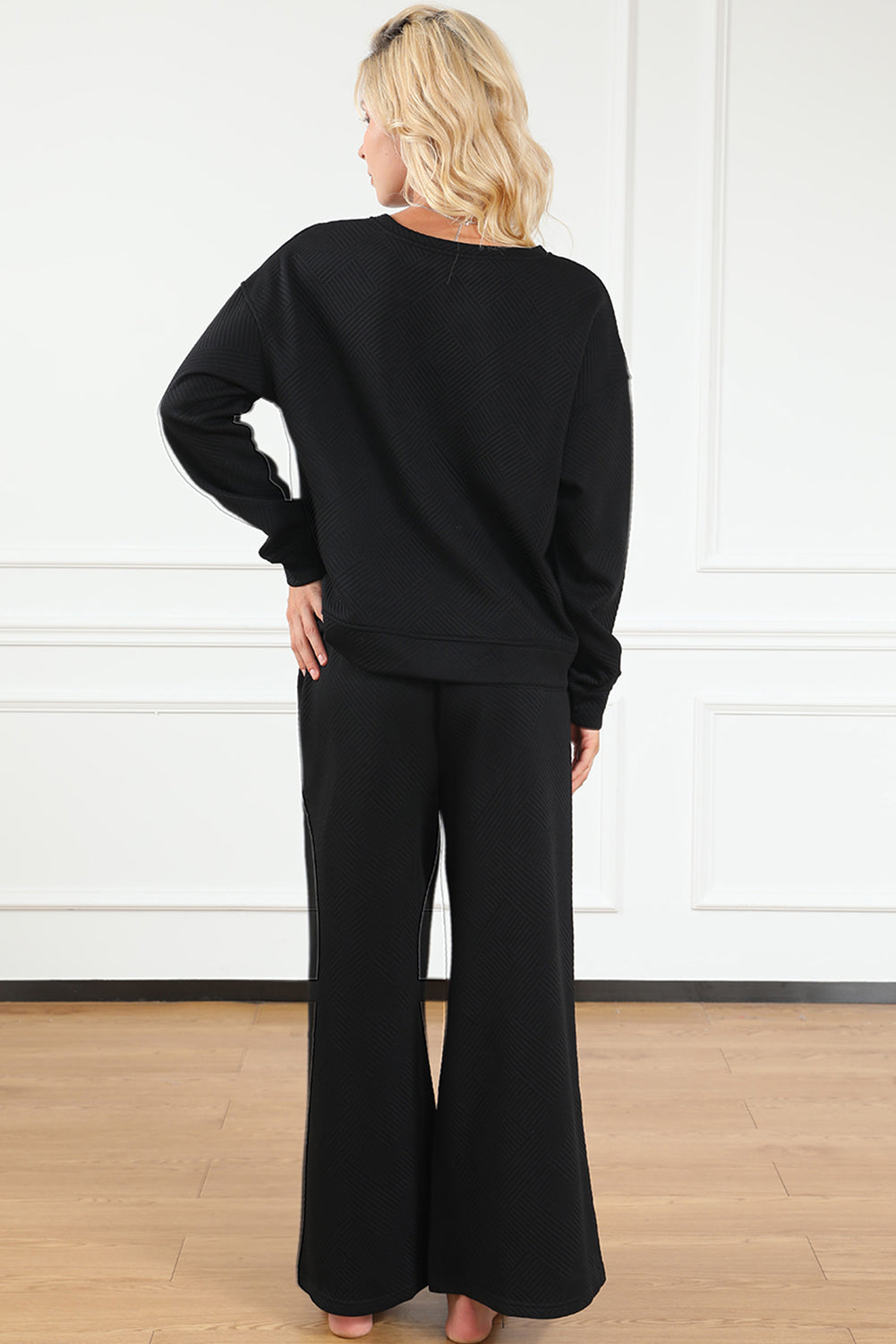 Black Textured Loose Slouchy Long Sleeve Top and Pants Set