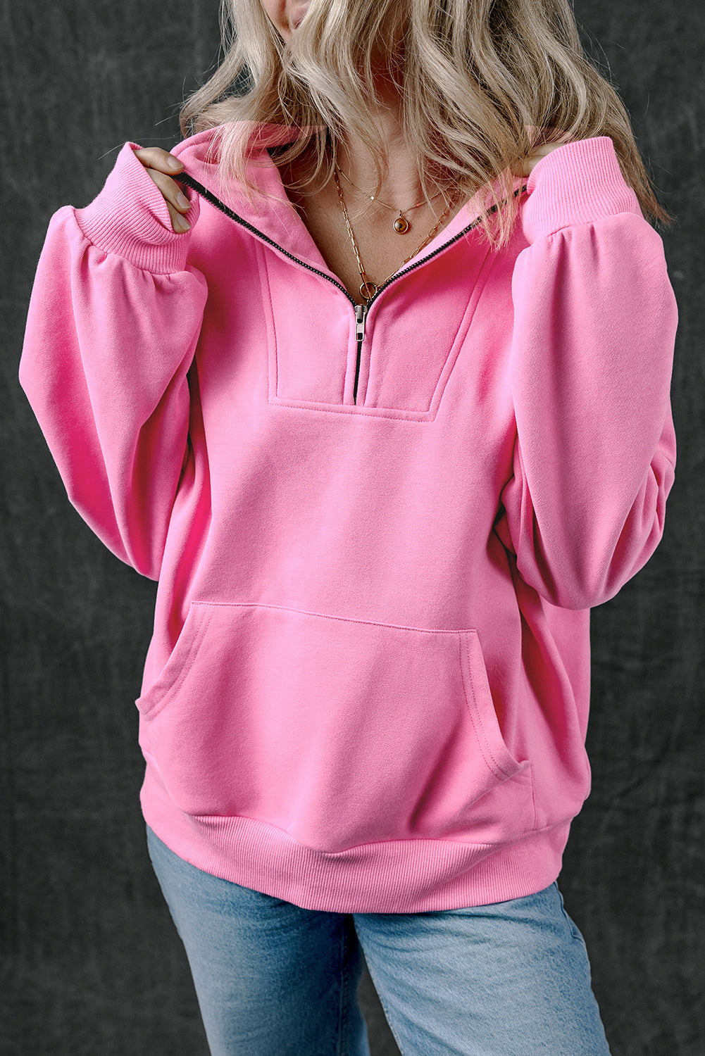 Black Zip-up Stand Neck Kangaroo Pocket Sweatshirt