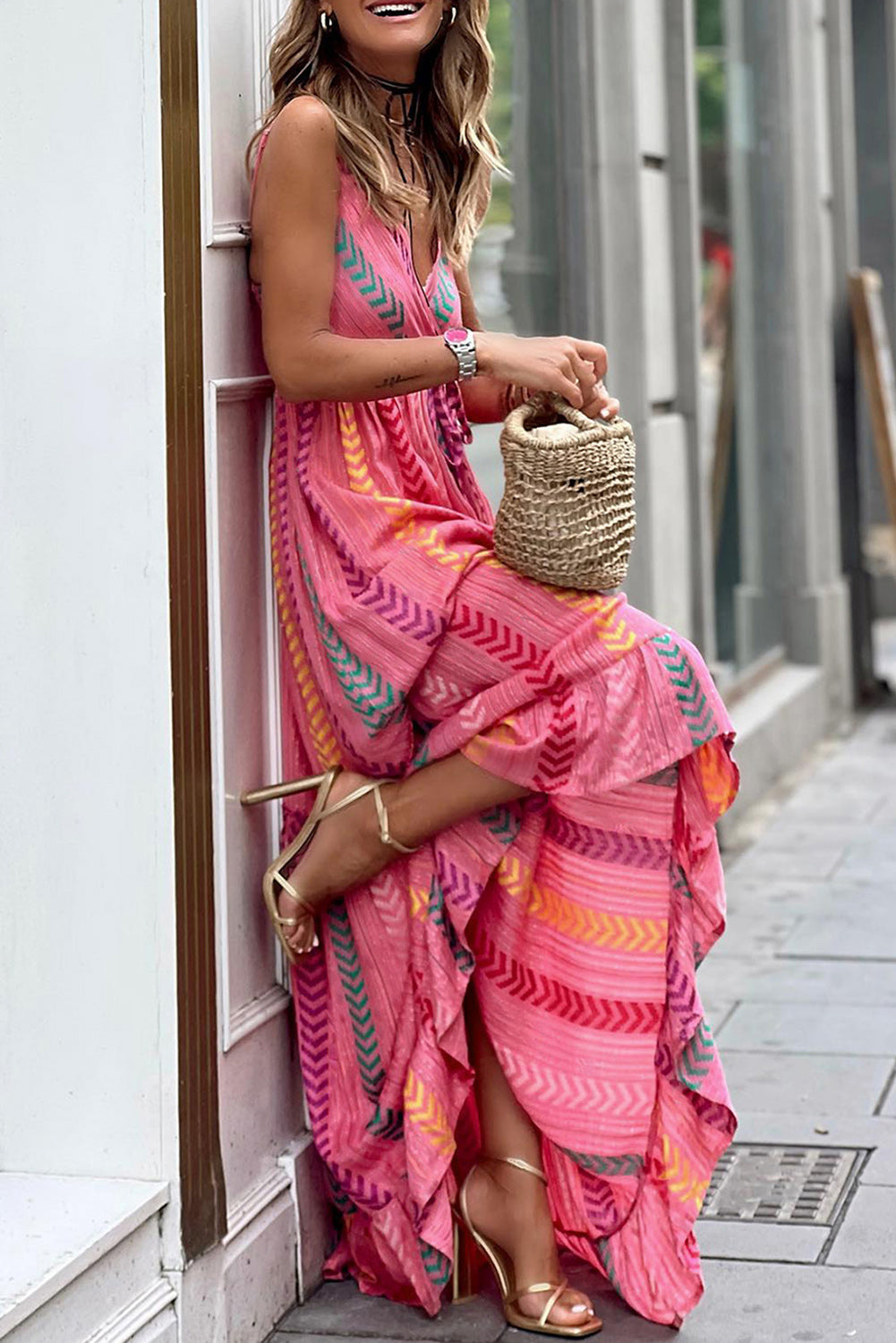 Pink Boho Tassel Tie Wrap V Neck Maxi Dress