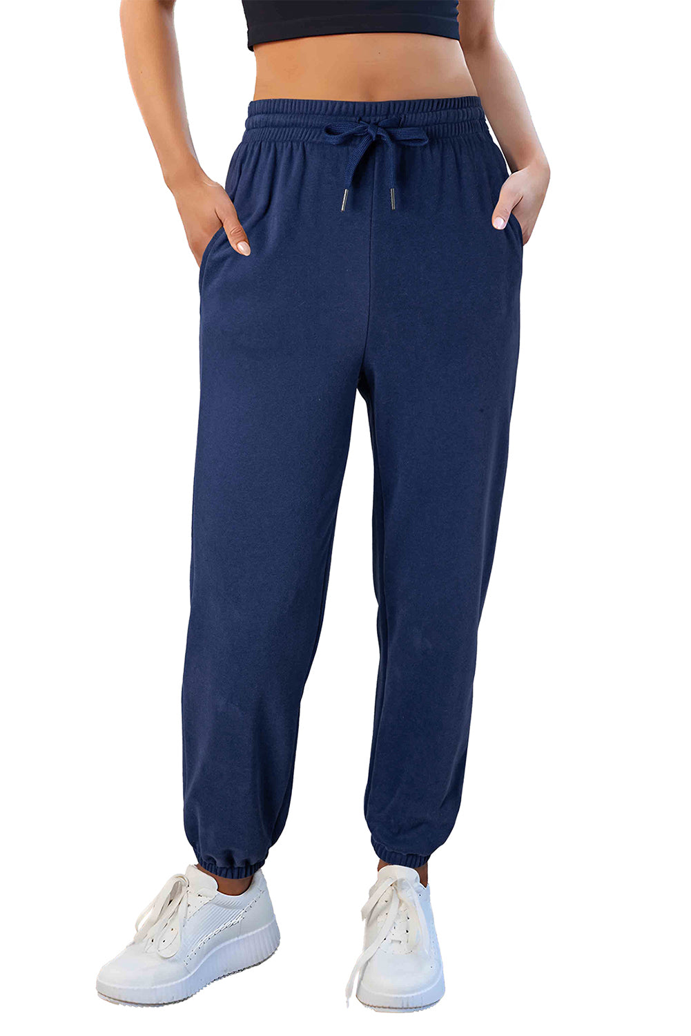 Navy Blue Plain Fleece Lined Drawstring Waist Joggers