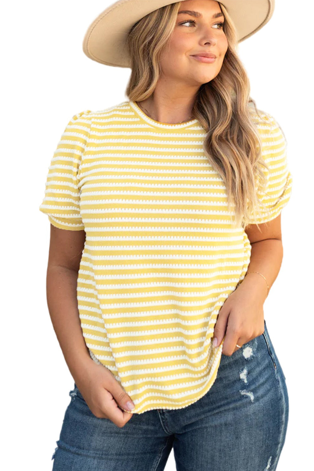 Yellow Stripe Short Puff Sleeve Plus Size Jumper