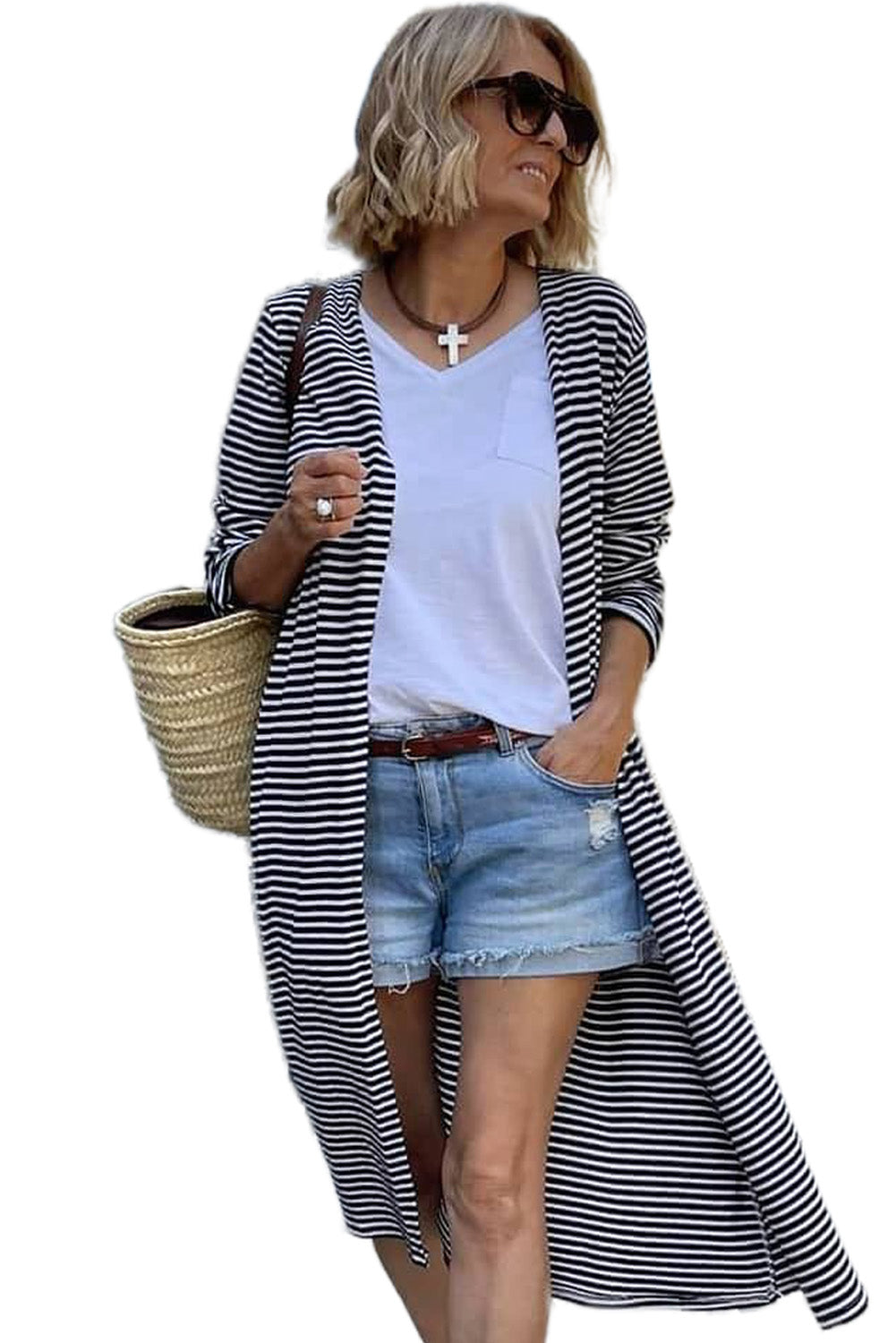 Black and White Striped Print Open Front Long Cardigan