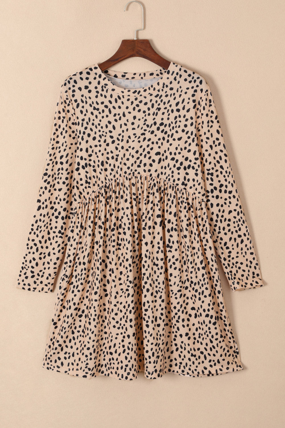 Khaki Crew Neck Long Sleeve High Waisted Leopard Print Dress